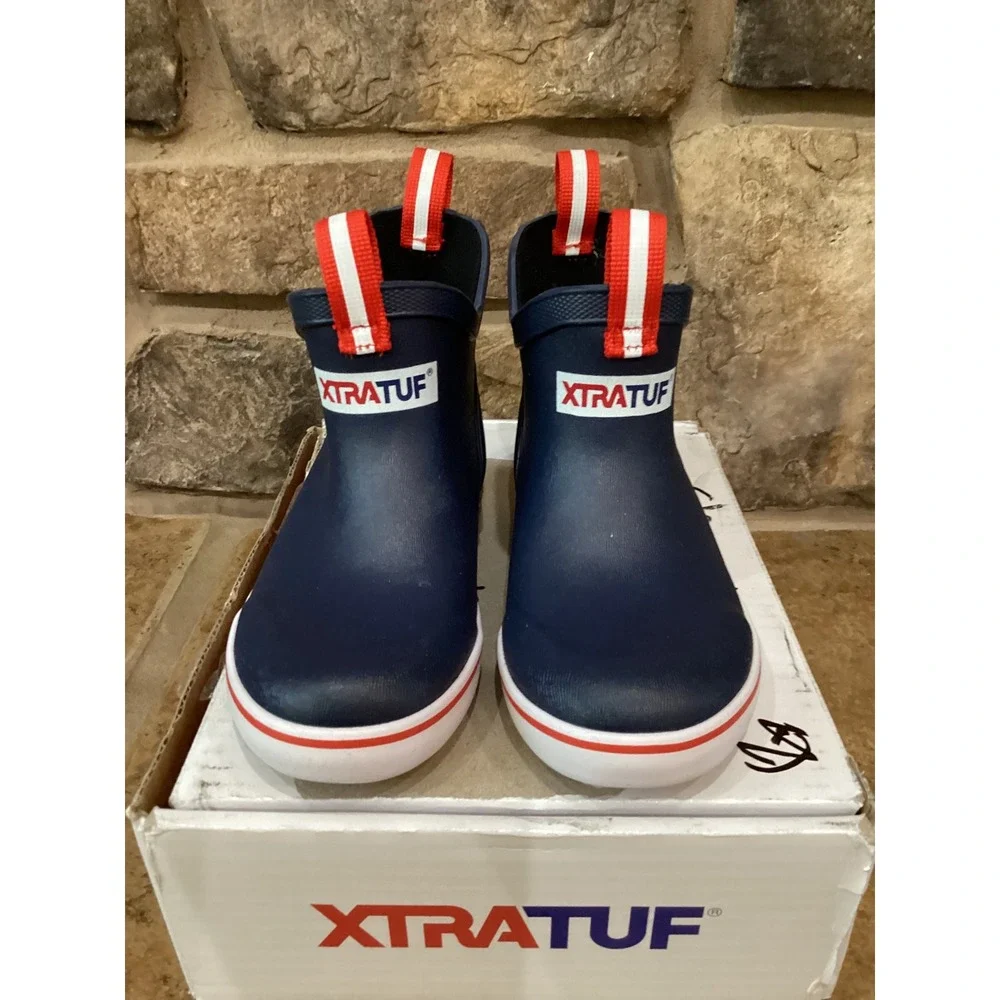 XTRATUF Youth Ankle Deck Boot Navy Red Waterproof Rubber Rain Boots Size 11 New